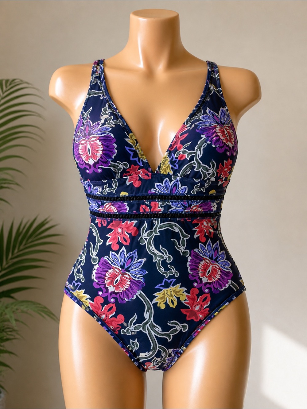 Deep Navy Floral V-Neck One-Piece Swimsuit